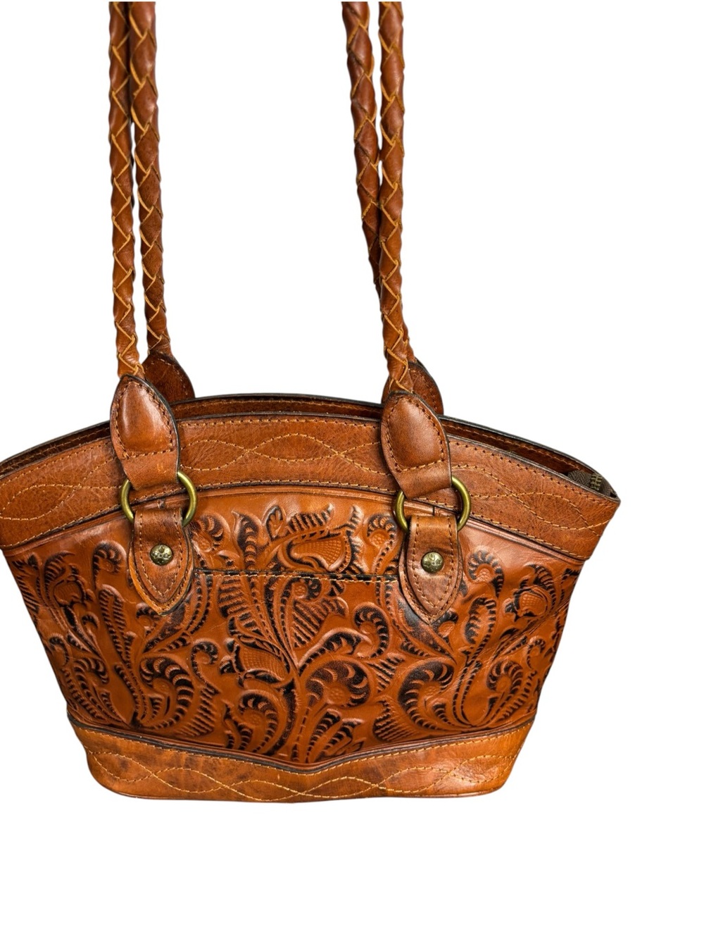 Patricia Nash Tooled Leather Satchel Shoulder Bag Tote Brown Leather Boho Purse